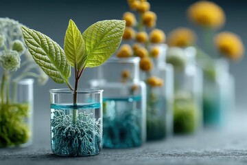 Growing plant in a test tube with blue and green roots, science and nature fusion