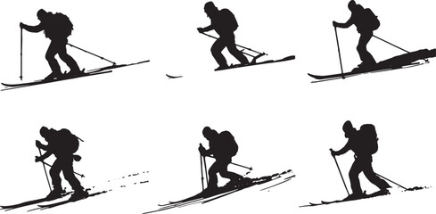 Black Solid Backcountry Skinning Techniques Silhouettes Set of Six on White Background