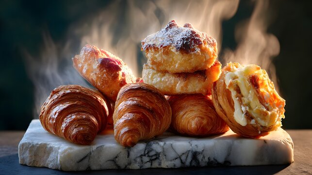Assortment of freshly baked steaming hot pastries and croissants on a marble slab - Powered by Adobe