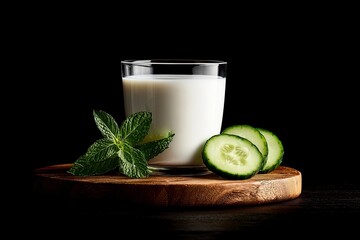 Refreshing glass of white sweet and sour milk with cucumber slices