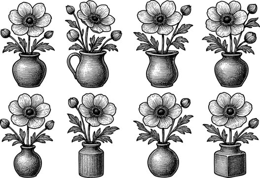 Elegant floral arrangements in ornate vases: detailed botanical designs