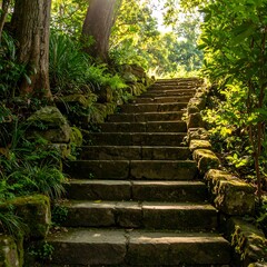 Sun-drenched stone steps through a lush garden