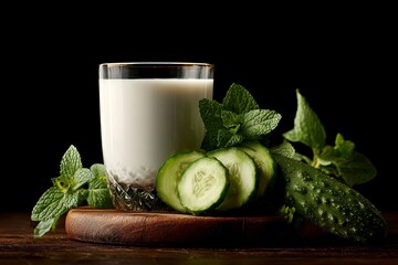 food photography of white, sweet, and sour milk with cucumber and mint on a wooden board, against a black background, in side view. --ar 3:2 --v 7 Job ID: aed89b8d-c73d-46ce-88e9-bb19c4a1970a