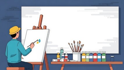 Artist painting on canvas with art supplies on table.