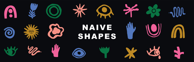 Retro naive geometric shapes collection featuring funky abstract forms, vintage flowers, stars, and eyes in a playful design perfect for modern graphic projects.