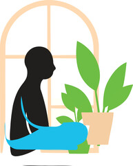 Silhouette of a person looking out a window with a potted plant representing contemplation growth and the passage of time