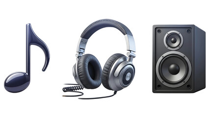 Music Elements Clipart &ndash; Note, Headphones, and Speaker in Stylized Layout PNG