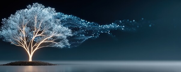 Glowing abstract tree with digital energy aura on a tiny island and flowing blue light waves
