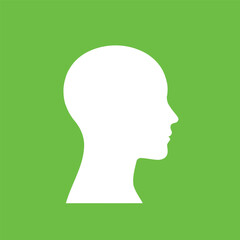 A clean white silhouette of a human head and profile facing right against a vibrant solid green background representing a simple abstract concept or idea
