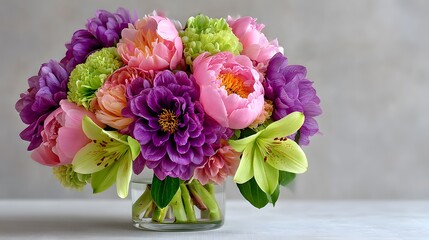 Lush floral bouquet features pink peonies, purple dahlias, and green lilies, set with studio lighting against a white background.