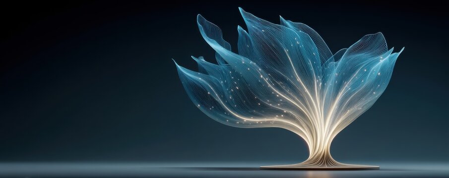 Abstract digital background with a blue glowing plant growing from a base in a futuristic, elegant design