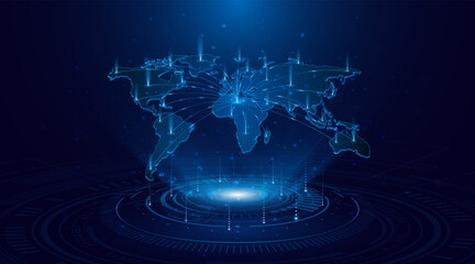 A holographic world map. The concept relates to a global network of connectivity. Internet technology or global communication.
