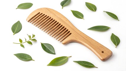 Eco-friendly wooden hair comb surrounded by lush green leaves