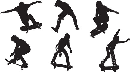 Black Solid Skater Board Pickup and Retrieval Silhouettes Set of Six on White Background