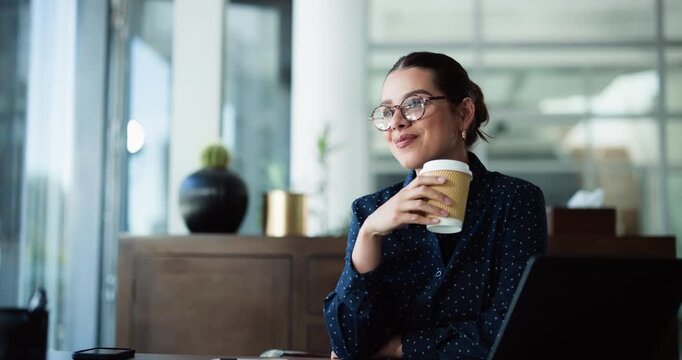 Woman, thinking and coffee in office for morning reflection, story vision or article inspiration. Creative agency, journalist and drink with warm beverage for publication, planning and decision