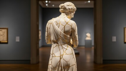 Back view of a classical marble statue in a museum gallery with blurred background.