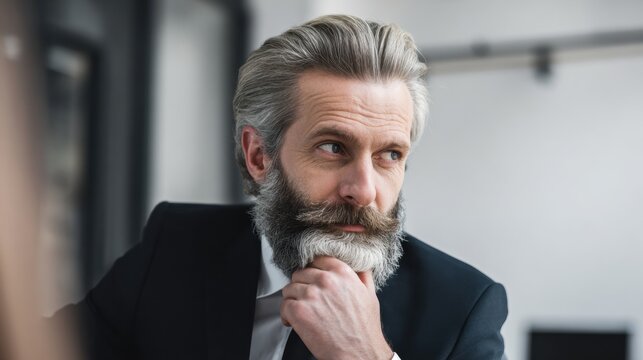 Mature businessman with gray beard and suit resting chin in thoughtful pose in modern office, contemplative expression and confident professional mood - Powered by Adobe