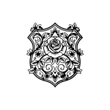 Elegant black and white vector shield emblem with detailed rose and floral vine motifs, heraldic design isolated on transparent background