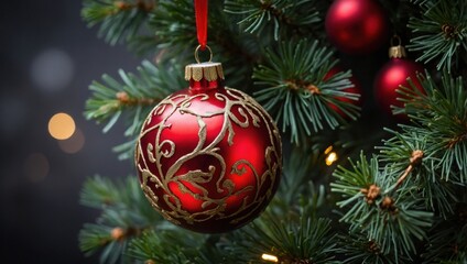 Red Christmas bauble with golden ornament on fir tree. Elegant holiday ornament hanging on festive pine branch. Close up of red Xmas ball with gold pattern and bokeh lights.