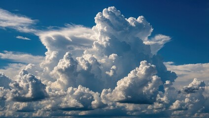 Aerial view of dramatic cumulus clouds over mountains. Blue sky with towering cloud formations above landscape. Scenic cloudscape horizon above distant mountain range.