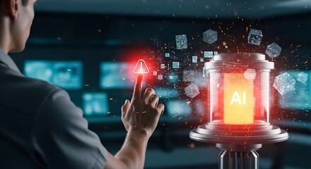 Man Interacting with AI System in a Futuristic Control Room.