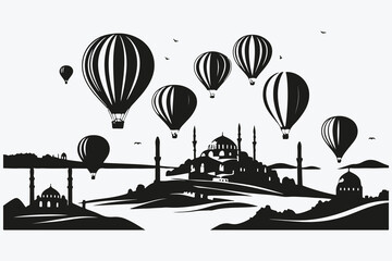 Cappadocia landscapes with hot air balloons sketch illustration vector