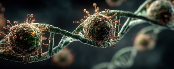 Close-up of a green double helix DNA with cells and microorganisms in a science visualization