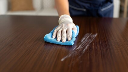 Close-up of Person Cleaning Wooden Table with Microfiber Cloth and Gloves