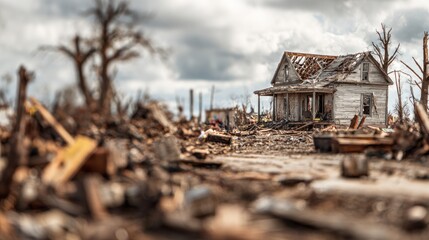 Devastation Aftermath: Ruined House Amidst Destruction and Cloudy Sky