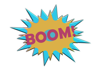 Vibrant yellow and blue starburst 'BOOM!' text graphic isolated on transparent background, pop art style with 3D effect, ideal for digital design, branding, comic art, and overlays.