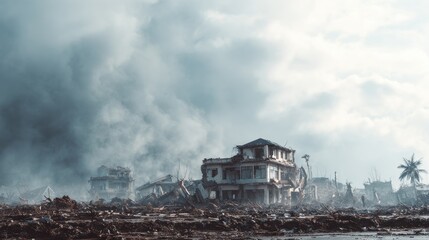 Post-Catastrophe Urban Landscape Featuring Collapsed Buildings and Overcast Skies
