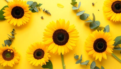 Sunflowers and eucalyptus on a yellow background