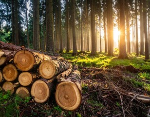 Sunlit forest with stacked logs