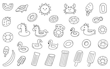 Charming vector illustration featuring a variety of fun pool floats shaped like animals and food items. Includes  designs like unicorns, flamingos, and popsicles for summer joy.