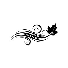 Fototapeta premium Stylized black wind swirl with maple leaf silhouette, isolated on white background, dynamic motion graphic isolated on transparent background