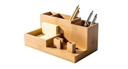Light brown natural bamboo desk organizer with multiple compartments, holding yellow sticky notes, pens, and pencils, isolated PNG with Transparent Background