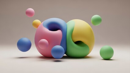 Abstract 3D render of colorful soft geometric shapes and spheres.