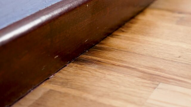 Rotting laminate flooring with wooden baseboards in a damp room