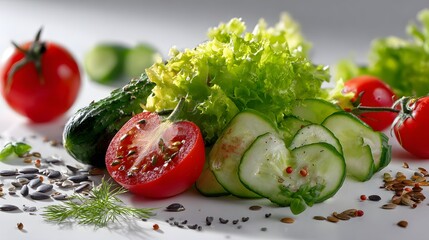 Fresh salad ingredients tomatoes, cucumber, and lettuce with seeds on a light surface