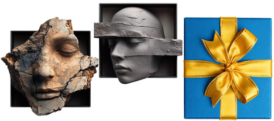 topview of sculpture pieces inside gift box and blue gift box lid with yellow ribbon isolated over white (transparent)