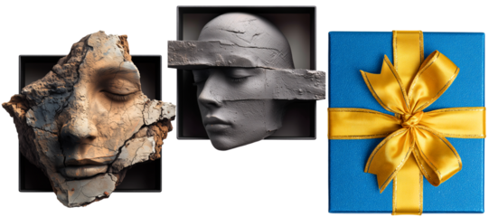 topview of sculpture pieces inside gift box and blue gift box lid with yellow ribbon isolated over white (transparent)