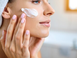 Woman Applying Moisturizer - Skincare Routine and Beauty Concept