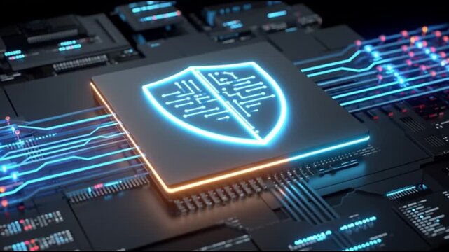 Intellectual property. Copyright. Innovation digital rights. Brand protection law. A digital shield symbol on a circuit board background.