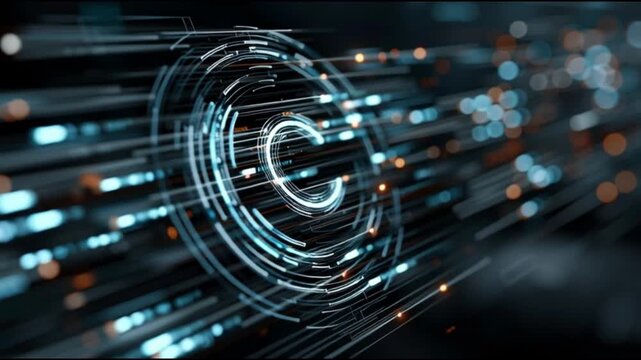 Intellectual property. Copyright. Innovation digital rights. Brand protection law. Digital representation of copyright symbol with glowing effects.