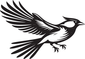 A striking black and white illustration of a bird in mid flight