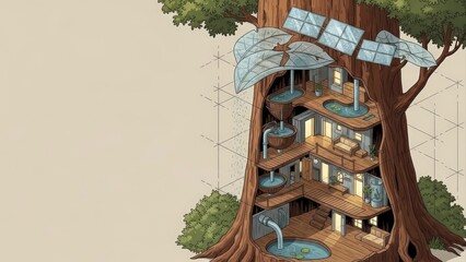 Intricate Cross-Section of a Giant Tree with Multi-Level Interior and Water Features.