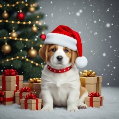 Cute Christmas Puppy Wearing Santa Hat with Holiday Gifts &ndash; Festive Dog Pet Portrait 