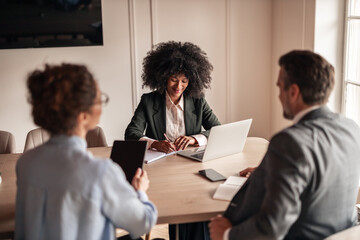 Professional Business Meeting Discussion in Modern Office Setting