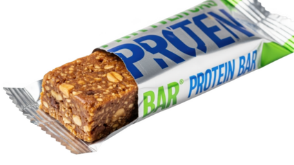 Protein Bar Partially Unwrapped in Silver Foil Wrapper energy bar snack