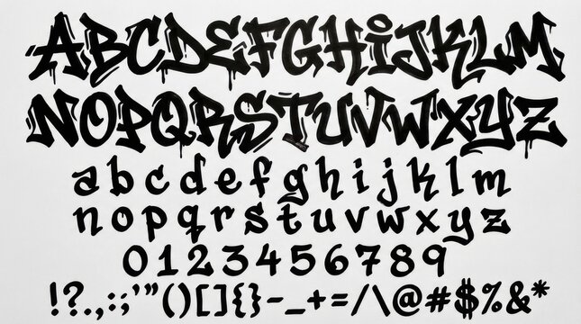 font alphabet in bold graffiti style from a to z numbers punctuation isolated on white background